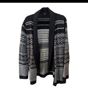 Talbots Cardigan Sweater Large Black White Aztec Southwest Lambswool Blend XLP